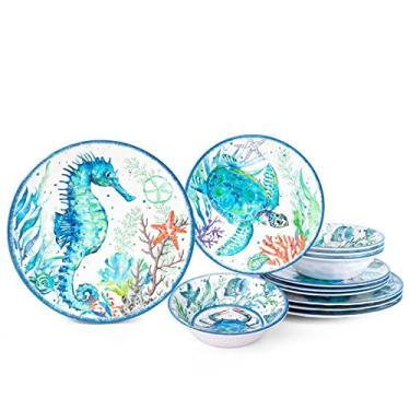 Imagem de LEHAHA Conjunto de louça de praia de melamina de 12 peças, conjuntos de pratos e tigelas costeiras, conjuntos de pratos de vida marinha oceânica para 4, ótimo para jantar interno e externo na praia,