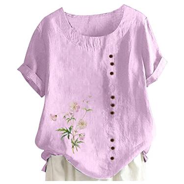 Imagem de Blusas de linho de algodão para mulheres, camisas de manga curta, gola redonda, casual, verão, florap, Rosa choque, G