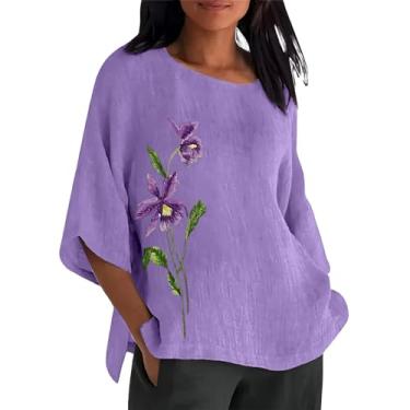 Imagem de Camisetas femininas de conscientização de Alzheimers, camiseta de linho de algodão Nevk, gola redonda, estampa floral, rosa, G