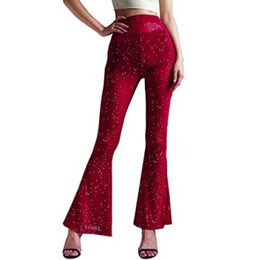Imagem de Anlaey Calça feminina de dança transparente com lantejoulas brilhantes e boca de sino com cintura alta para festivais, Vermelho A, XG
