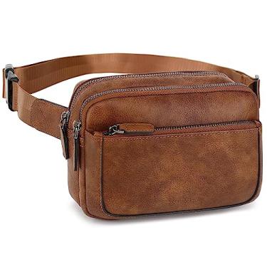 Imagem de Bolsa de cinto feminina, pochete de couro vegano, bolsa transversal de cintura ajustável, bolsa de cinto grande fashion em todos os lugares, Marrom, 8.25 x 2.5 x 5.9 inches, Compras, viagens,