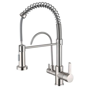 Imagem de HUAHUALALA Torneira de pia de cozinha com pulverizador de puxar 2 alças 3 em 1 purificador de filtro de água torneiras de água potável de mola, torneira de água potável de latão torneira de osmose