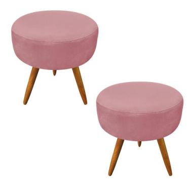 Imagem de Kit 2 Puffs Banqueta Redonda Nina Suede Rosê Pés Palito Castanho - Pal