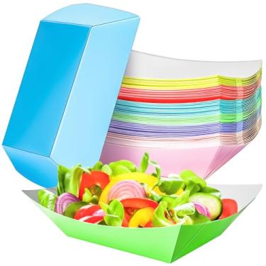 Imagem de MotBach Pacote com 30 bandejas de papel colorido de 900 g, barcos de papel descartáveis, barcos de comida kraft, bandeja de servir comida de papel, prato de barco para lanche, pipoca, sobremesa,