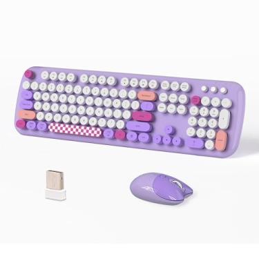 Imagem de Combo de teclado e mouse sem fio de tamanho completo de 2,4 G, 104 teclas, estilo máquina de escrever multicolorida, capa redonda, lindas cores doces, compatível com notebook, PC (roxo)