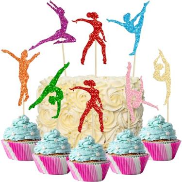 Imagem de Gyufise 28 peças de enfeite de cupcake de ginástica com glitter ginasta meninas decorações coloridas silhueta de ginástica decorações de bolo para tema de academia, chá de bebê, artigos de festa de