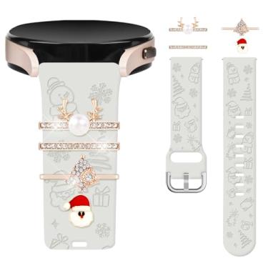 Imagem de Watbro Pulseira gravada de Natal e argolas decorativas compatíveis com Samsung Galaxy Watch 7/FE/6/5/4 com pingentes, pulseira esportiva de silicone macio de 20 mm para relógio inteligente Vivoactive