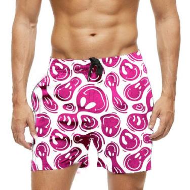 Imagem de Short Praia Shorts Banho Bermuda Verão Emoji Pink Rosa Feliz Cartoon 9