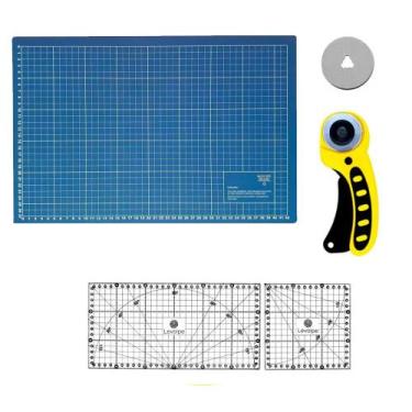 Imagem de Kit Base Corte A3 45x30 Régua 15x15 15x30 Cortador 45mm Azul - Levolpe