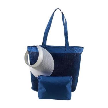 Imagem de Kit Bolsa Feminina Azul e Viseira com Necessaire Emborrachada Praia Ve