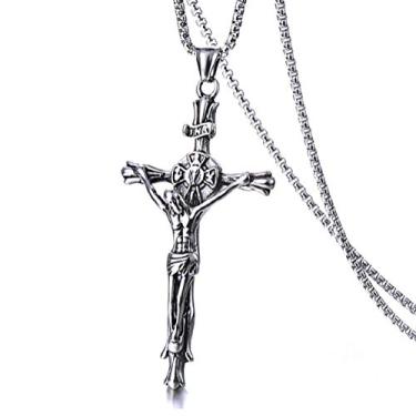 Imagem de Colar vintage com cruz de Jesus, pingente de oração de São Bento, cruz de crucifixo grande, presente masculino e feminino, corrente de 61 cm