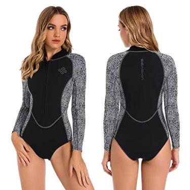 Imagem de Seaskin Roupa de mergulho feminina de uma peça de manga comprida com zíper frontal para mergulho, snorkeling natação, surfe (pequeno, preto)