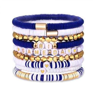 Imagem de VOGUEKNOCK Pacote com 9 pulseiras femininas empilháveis Heishi com contas elásticas para fãs de futebol americano, esportes, jogos, equipes, joias, acessórios, presentes, one size, Vinil, Sem pedras