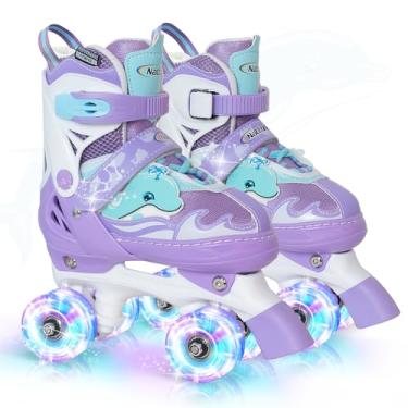Imagem de Nattork Patins para crianças, patins com iluminação ajustável para meninas, meninos, verde, azul, roxo, rosa, patins para crianças, iniciantes, uso interno e externo