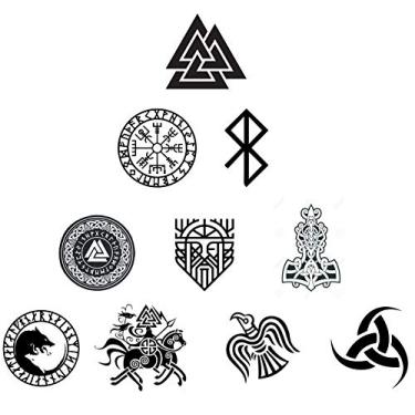 Imagem de 10 peças de adesivos Viking Super Set - Tamanho grande: 10 cm cada - Nórdico, Walknut, Bússola Vegvisir, Odin, Runas, Corvo, Martelo Thor