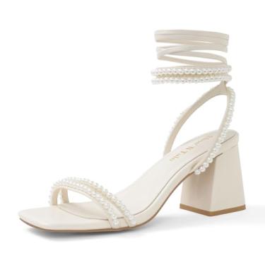 Imagem de Shoe'N Tale Sandálias femininas de salto alto gladiador com tiras no tornozelo salto grosso salto bloco quadrado bico aberto sapatos sociais cruzados, Pérola branca, 39