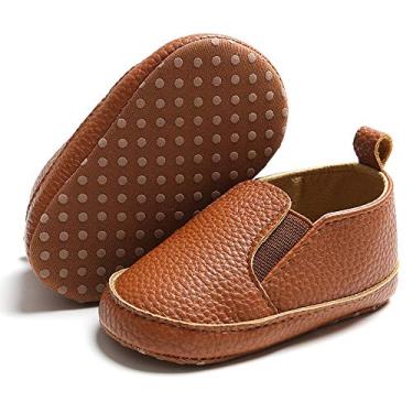 Imagem de Tênis infantil masculino e feminino Timatego mocassim sem cadarço de couro PU Oxford para bebês (3-18 meses), 03 Brown, 12-18 Months Toddler