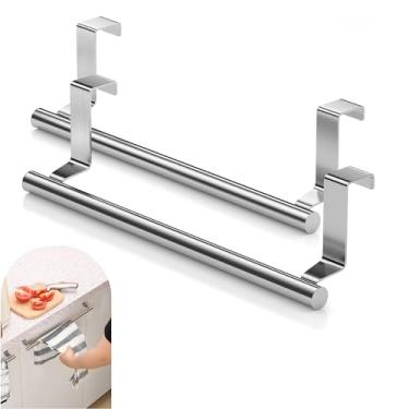Imagem de Pacote com 2 suportes de barra de toalha de aço inoxidável para ajuste universal em portas de armário de armário, toalheiro de cozinha de aço forte para armário, 23,5 cm de largura