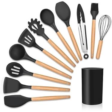 Imagem de Kit 12 Utensílios de Cozinha em Silicone e Cabo de Madeira BPA Free Conjunto 12 peças Espátula Colher Concha Pegador Pincel Antiaderente Resistente ao Calor PREMIUM (Preto)