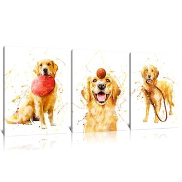 Imagem de Kalormore Arte de parede em tela de cachorro fofo amarelo filhote de cachorro com corda de cachorro Frisbee imagens pinturas arte emoldurada emoldurada para quarto de meninas, meninos, banheiro,