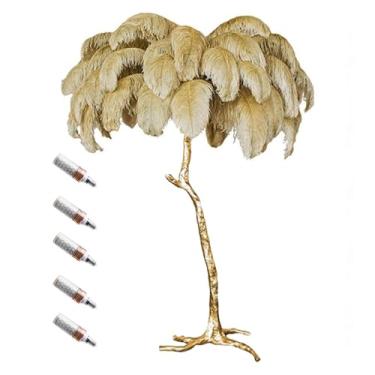 Imagem de Luminária de chão, luminária de chão de penas, lâmpada de pé padrão regulável com lâmpada de resina dourada corpo de trabalho interno iluminação de leitura lâmpadas de chão para presentes