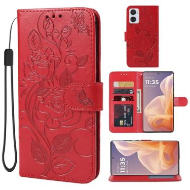 Imagem de Vavies Capa para Moto G85 5G, capa carteira Motorola S50 Neo, capa flip de couro floral com suporte para cartão de crédito para Motorola Moto G85 5G vermelha