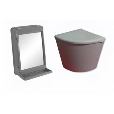 Imagem de Conjunto de Banheiro com Espelho de Parede com Prateleira e Porta Objetos em Plástico Cinza e Lixeira de canto Redonda