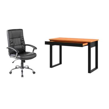 Imagem de Conjunto de Mesa Anah 1 gv Freijó com Cadeira de Escritório Presidente Giratória com Relax Office Plus Preta