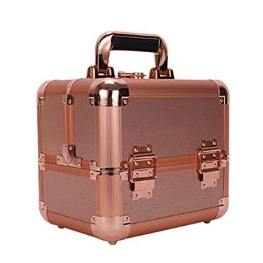 Imagem de P9IDEDFH Mini mala de maquiagem dura e resistente ao desgaste forte rolamento de carga 2 camadas dobrável caixa de armazenamento de joias de beleza profissional fácil de transportar (preto) 25 x 18,6