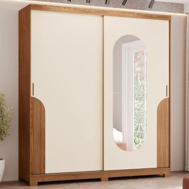Imagem de Guarda Roupa Alonzo 2 Portas Deslizantes 3 Gavetas Detalhes e Espelho com Cantos Arredondados Espresso Móveis Marrom/Off White