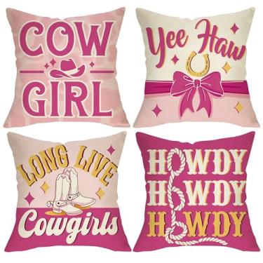 Imagem de Fjfz Capas de almofada decorativas para meninas de vaca rosa 45 x 45 conjunto de 4, Howdy Long Live Cowgirls chapéu de cowboy sapatos varanda exterior decoração de casa, Western Yee Haw arco ferradura