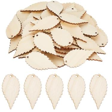Imagem de SUNNYCLUE Amuletos de madeira inacabada, 80 peças, artesanato em madeira inacabada, antigo, recortes, folhas naturais, pingentes de árvore em forma de recortes para joias, suprimentos para fabricação