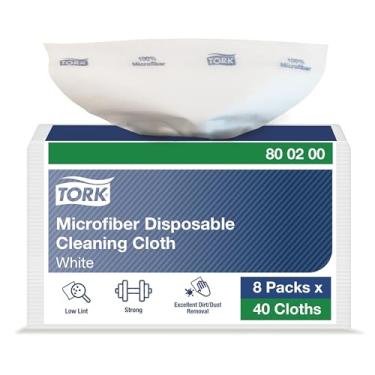 Imagem de Tork Pano de limpeza de microfibra descartável branco com estampa azul, uso seco e molhado, 8 x 40 panos, 800200