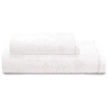 Imagem de Jogo de Banho 2 Peças Romance Aveludada 100% Algodão Toalha Fio Penteado Coração Borboleta Alta Absorção e Maciez (Branco)