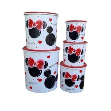 Imagem de Kit Mantimento 5 Peças Decorado A Mãojogo De Mantimento Lata Plástico,Organizador Alimentos(Branco minnie,5 peças)