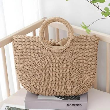 Imagem de Bolsa Feminina de Palha Tecida - Grande Capacidade, Estilo Meia Lua, A