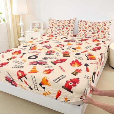 Imagem de Jogo de cama com desenho animado de caminhão de bombeiros, veículo de bombeiros, 3 peças, moderno, laranja, vermelho, lençol com elástico, lençol com elástico alto, tamanho Queen