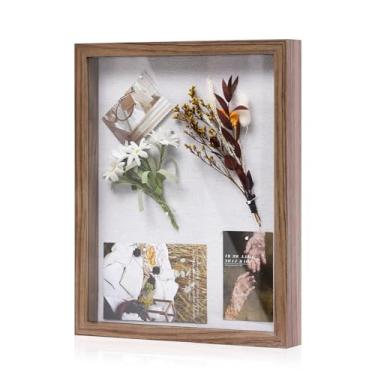 Imagem de Muzilife Moldura De Quadro Sombra 11X14 Com Painel Linho - Caixa Rústica Exposição Madeira Escura E Vidro Pronta Para Pendurar Recordações, Broches, Prêmios, Medalhas, Casamento, Ingressos Fotos, Ma