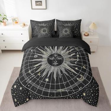 Imagem de jejeloiu Conjunto de cama de sol e lua, presentes para meninas, adolescentes, mulheres, tamanho king, decoração galáxia astrologia, 7 peças, cama exótica ultra macia em uma bolsa com edredom, lençóis,