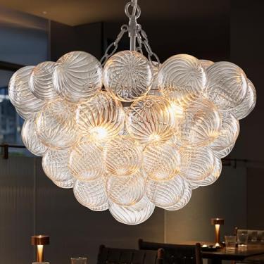 Imagem de BeyPan Lustre De Vidro Bolha, Luminárias Banhadas A Níquel, Lustres Transparentes Com Nervuras Em Espiral, Globo Soprado, 20" Diâmetro, Pequenas Luzes Pendentes Para Sala Jantar, Banheiro, Entrada,