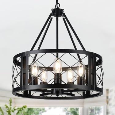 Imagem de Corlaceling Luminária Pendente Com 5 Luzes Para Sala De Jantar, Lustre Rústico Fazenda Preto 9,8" Iluminação Redonda Entrada, Corredor E Quarto