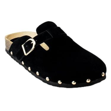 Imagem de RF ROOM OF FASHION Sandálias Femininas Antiderrapantes De Cortiça Com Palmilha Camurça Sintética Macia, Fivela, Mules, Sapatos Batata (Preto, Tamanho 6,5)