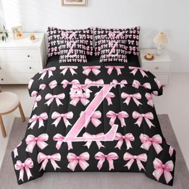 Imagem de Erosebridal Conjunto de edredom rosa e preto com letra Z para presente de aniversário com lençóis, solteiro, com laço fofo, 7 peças, alfabeto 3D, estética, com laço (Z)