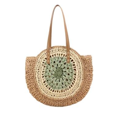 Imagem de SHAREYOIU Bolsa feminina redonda de palha, bolsa de ombro, bolsa de praia, bolsas de mão com alça superior, design vazado, Verde