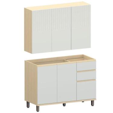 Imagem de Kit Armário Aéreo 3 Portas E Balcão De Pia 120 Cm Aurora Cinza Cristal