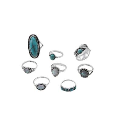 Imagem de Kysin Chiys 4 peças de anéis boêmios vintage turquesa oval floral para mulheres geométrico étnico natural pedra ajustável prata junta junta anéis Western Cowgirl declaração joia, adjustable, Metal