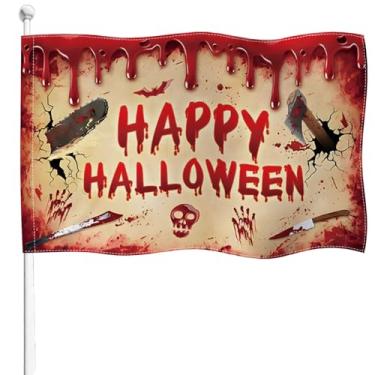 Imagem de YongFoto Bandeira Feliz Dia das Bruxas 0,9 x 1,5 m Serapilheira Dupla Face Assustadora Caveira de Sangue Impressão à Mão Faca de Machado de Quatro Lados Costurada Cor Viva Durável UV Resistente ao