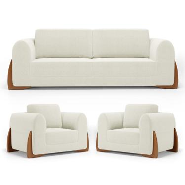 Imagem de Kit 02 Poltronas e 01 Sofá Bloom 200cm 03 Lugares com Pés de Madeira Bouclê Off White - Abmaza