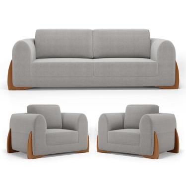Imagem de Kit 02 Poltronas e 01 Sofá Bloom 220cm 03 Lugares com Pés de Madeira Bouclê Cinza - Abmaza