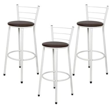 Imagem de Jogo 3 Banqueta Alta Para Cozinha Branca Epoxi Assento Marrom